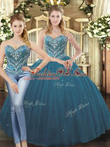 Teal Ball Gowns Beading and Ruffles Sweet 16 Dress Lace Up Tulle Sleeveless Floor Length