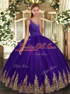 Purple Ball Gowns Tulle V-neck Sleeveless Appliques Floor Length Backless Ball Gown Prom Dress