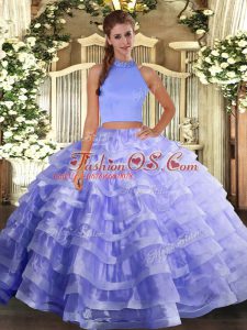 Elegant Lavender 15 Quinceanera Dress Military Ball and Sweet 16 and Quinceanera with Beading and Ruffled Layers Halter Top Sleeveless Backless