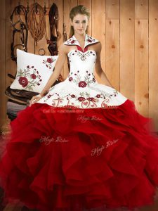 Dynamic Embroidery and Ruffles Quinceanera Dresses Wine Red Lace Up Sleeveless Floor Length