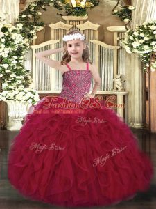 Eye-catching Wine Red Lace Up Straps Beading and Ruffles Pageant Dress Womens Tulle Sleeveless