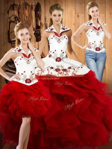 Sleeveless Satin and Organza Floor Length Lace Up Sweet 16 Dresses in Wine Red with Embroidery and Ruffles