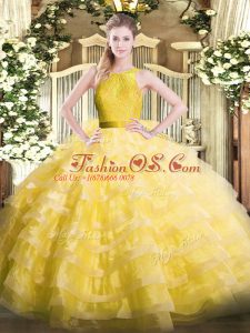 Superior Floor Length Yellow Ball Gown Prom Dress Organza Sleeveless Ruffled Layers