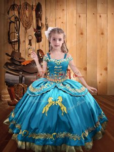 Great Satin Off The Shoulder Sleeveless Lace Up Beading and Embroidery Custom Made Pageant Dress in Baby Blue