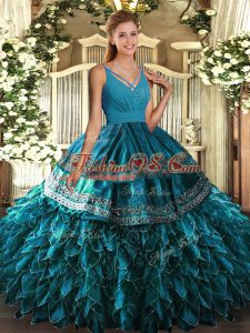 Sleeveless Satin and Organza Floor Length Backless 15th Birthday Dress in Blue with Ruffles