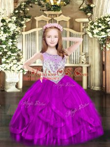 Fuchsia Scoop Neckline Beading and Ruffles Pageant Dress for Teens Sleeveless Zipper