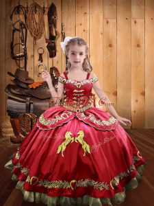 Superior Floor Length Coral Red Kids Formal Wear Off The Shoulder Sleeveless Lace Up
