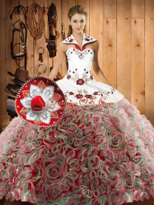 Super Multi-color Quinceanera Gown Fabric With Rolling Flowers Sweep Train Sleeveless Embroidery