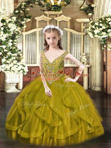 Fancy Tulle V-neck Sleeveless Lace Up Beading and Ruffles Pageant Dress Wholesale in Olive Green