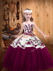 Tulle Straps Sleeveless Lace Up Embroidery Kids Formal Wear in Fuchsia