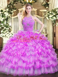 Designer Lilac Ball Gowns Beading and Ruffled Layers Sweet 16 Quinceanera Dress Zipper Tulle Sleeveless Floor Length