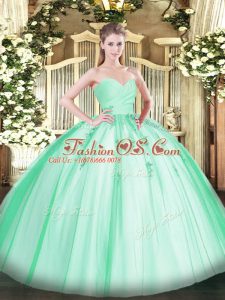 Deluxe Apple Green Ball Gowns Beading and Appliques Quinceanera Dresses Lace Up Tulle Sleeveless Floor Length