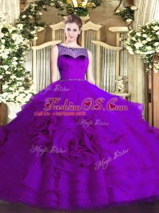 Fine Eggplant Purple Ball Gowns Beading and Ruffled Layers Sweet 16 Dresses Zipper Organza Sleeveless Floor Length