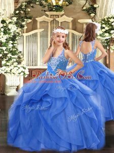 Tulle Sleeveless Floor Length Pageant Gowns For Girls and Beading and Ruffles