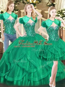 Fancy Dark Green Sweetheart Lace Up Beading and Ruffles Ball Gown Prom Dress Sleeveless