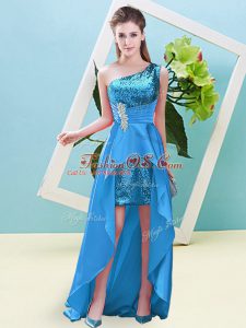 Baby Blue A-line One Shoulder Sleeveless Elastic Woven Satin and Sequined High Low Lace Up Beading and Sequins Evening Dress