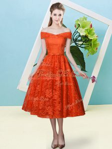 Tea Length Lace Up Bridesmaids Dress Rust Red for Prom and Party and Wedding Party with Bowknot