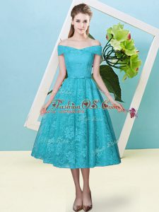 Teal Off The Shoulder Lace Up Bowknot Bridesmaids Dress Cap Sleeves