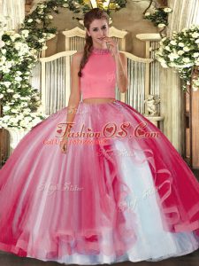 Graceful Sleeveless Tulle Floor Length Backless Quinceanera Dress in Coral Red with Beading and Ruffles