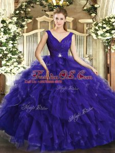 Unique Sleeveless Floor Length Beading and Ruffles Backless Sweet 16 Dress with Purple