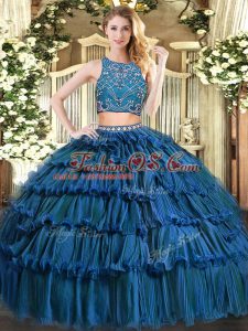 Two Pieces Sweet 16 Dresses Teal High-neck Tulle Sleeveless Floor Length Zipper