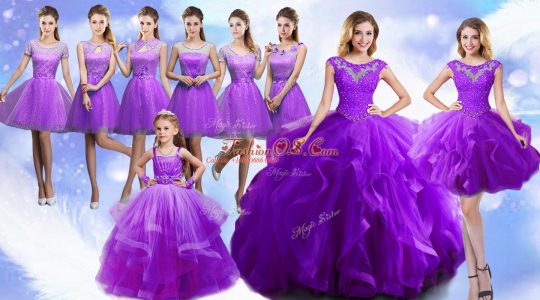Organza Scoop Sleeveless Lace Up Beading 15th Birthday Dress in Eggplant Purple