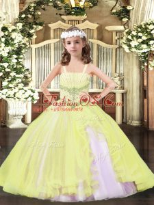Light Yellow Ball Gowns Tulle Straps Sleeveless Beading Floor Length Lace Up Pageant Dresses
