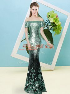 Free and Easy Turquoise Short Sleeves Sequined Zipper Prom Party Dress for Prom and Party