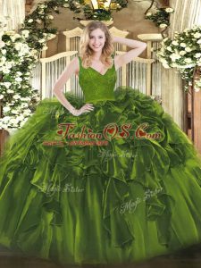 Popular Olive Green Quinceanera Dress Sweet 16 and Quinceanera with Beading and Ruffles V-neck Sleeveless Zipper