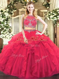 Floor Length Zipper Sweet 16 Dress Coral Red for Military Ball and Sweet 16 and Quinceanera with Beading and Ruffles