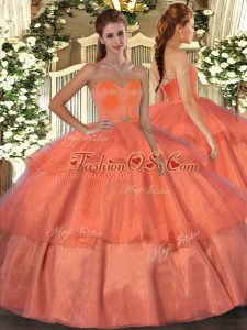 Perfect Sleeveless Organza Floor Length Lace Up Quinceanera Gowns in Orange Red with Beading and Ruffled Layers