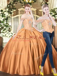 Brown Two Pieces Tulle Off The Shoulder Sleeveless Beading Floor Length Lace Up 15th Birthday Dress