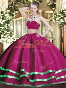 Fuchsia Two Pieces Beading 15 Quinceanera Dress Backless Tulle Sleeveless Floor Length