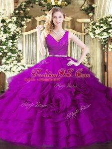 V-neck Sleeveless Quince Ball Gowns Floor Length Beading Fuchsia Fabric With Rolling Flowers