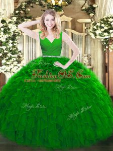 On Sale Green Zipper V-neck Beading and Ruffles Quinceanera Dress Tulle Sleeveless