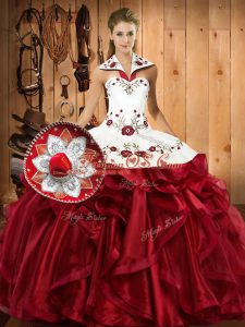 Designer Wine Red Lace Up Quinceanera Gown Embroidery and Ruffles Sleeveless Floor Length