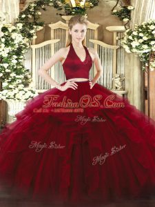 Classical Wine Red Two Pieces Ruffles 15th Birthday Dress Zipper Organza Sleeveless Floor Length