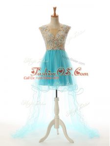 Decent A-line Homecoming Dress Aqua Blue Scoop Tulle Sleeveless High Low Backless