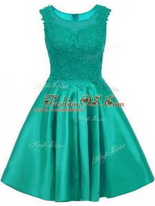Romantic Turquoise A-line Satin Scoop Sleeveless Lace Mini Length Zipper Quinceanera Court of Honor Dress