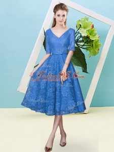 New Style Bowknot Quinceanera Court of Honor Dress Blue Lace Up Half Sleeves Tea Length