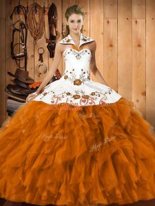 Floor Length Orange Red Quinceanera Gown Halter Top Sleeveless Lace Up