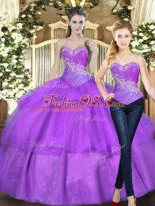 Elegant Eggplant Purple Sweetheart Neckline Beading and Ruffled Layers Ball Gown Prom Dress Sleeveless Lace Up