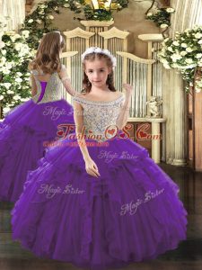 Floor Length Purple Kids Formal Wear Off The Shoulder Sleeveless Lace Up