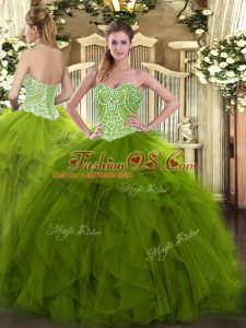 Sophisticated Beading and Ruffles Sweet 16 Dresses Olive Green Lace Up Sleeveless Floor Length