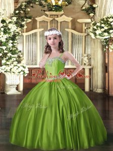 Sweet Straps Sleeveless Pageant Dress for Womens Floor Length Beading Olive Green Satin