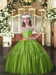 Sweet Straps Sleeveless Pageant Dress for Womens Floor Length Beading Olive Green Satin