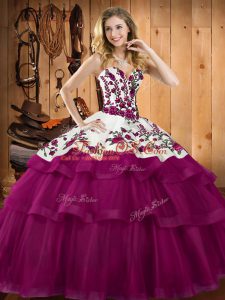 Fuchsia Ball Gowns Sweetheart Sleeveless Organza Floor Length Lace Up Embroidery Quinceanera Gown