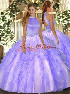 Fantastic Halter Top Sleeveless Quinceanera Dresses Floor Length Beading and Ruffles Lavender Organza
