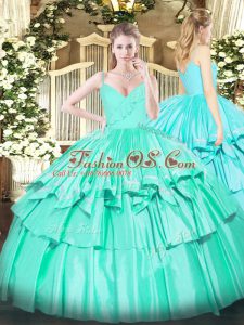Ideal Turquoise Zipper 15th Birthday Dress Ruffled Layers Sleeveless Floor Length