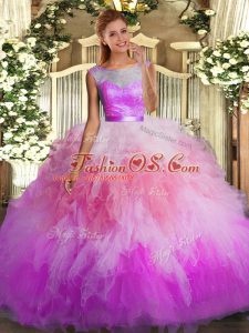 Glamorous Scoop Sleeveless Sweet 16 Dress Floor Length Lace and Ruffles Multi-color Organza